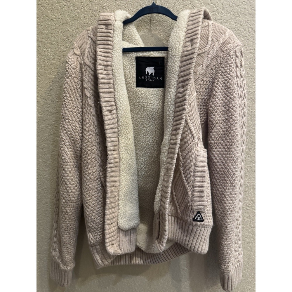 American Stitch Sweater Mens Large Hooded Cable Knit Button Cardigan Sherpa